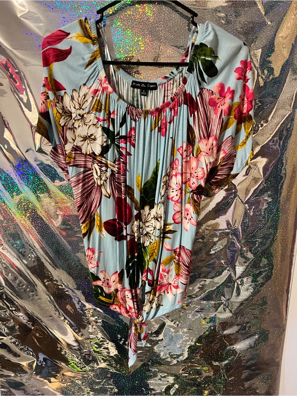 Kim & Cami Sky Blue Floral Tie-Front Tunic